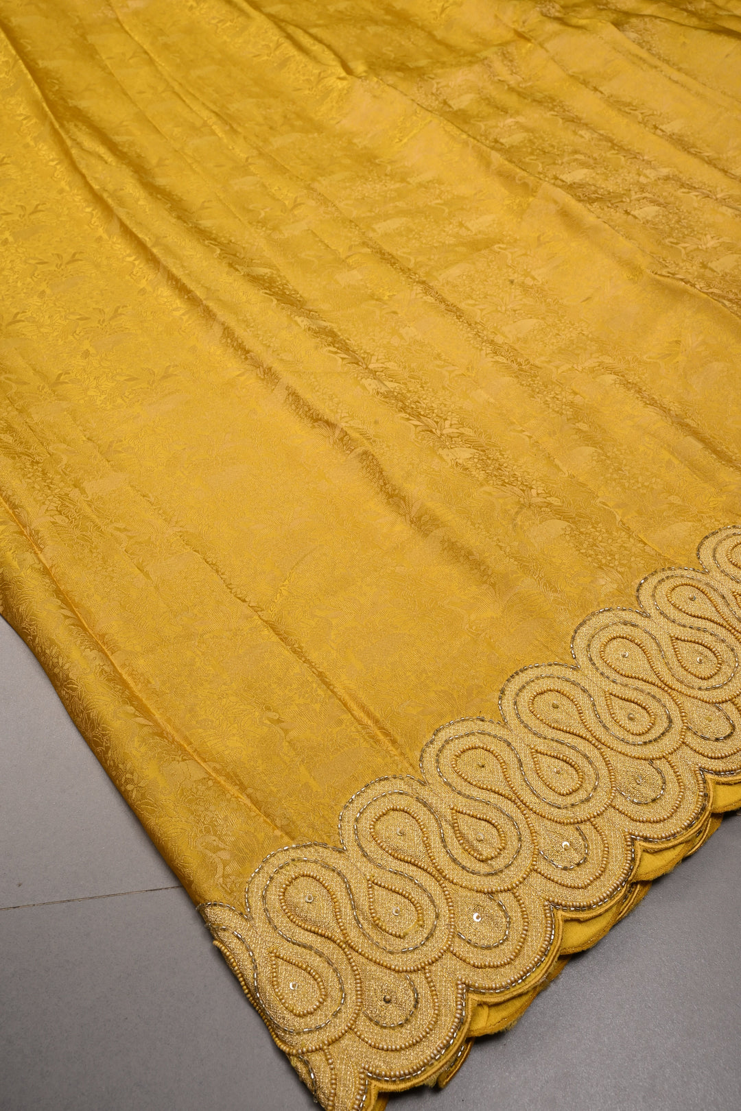 Butter Yellow Vegan Viscose Silk Saree with Vanasingaram Brocade and cutdana ,Beads Embroidery Scallop Border | SHOBITAM
