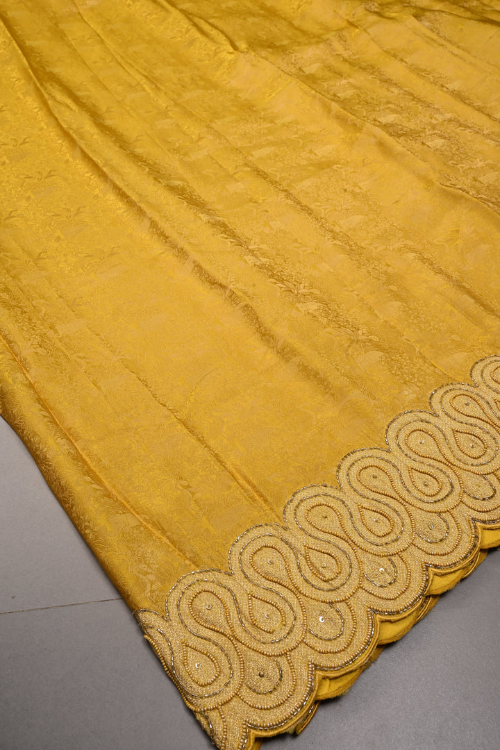 Butter Yellow Vegan Viscose Silk Saree with Vanasingaram Brocade and cutdana ,Beads Embroidery Scallop Border | SHOBITAM