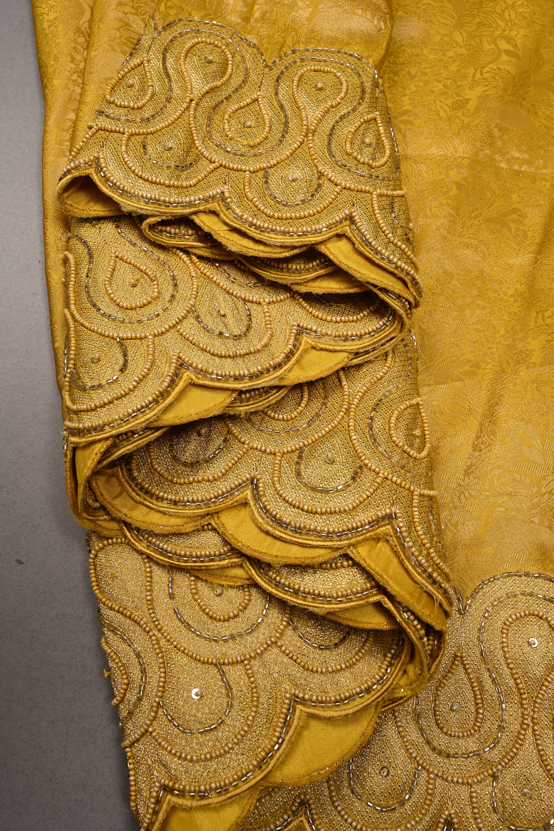 Butter Yellow Vegan Viscose Silk Saree with Vanasingaram Brocade and cutdana ,Beads Embroidery Scallop Border | SHOBITAM