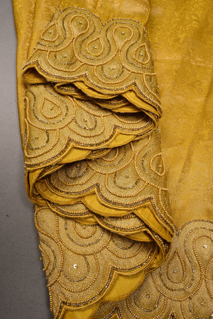 Butter Yellow Vegan Viscose Silk Saree with Vanasingaram Brocade and cutdana ,Beads Embroidery Scallop Border | SHOBITAM