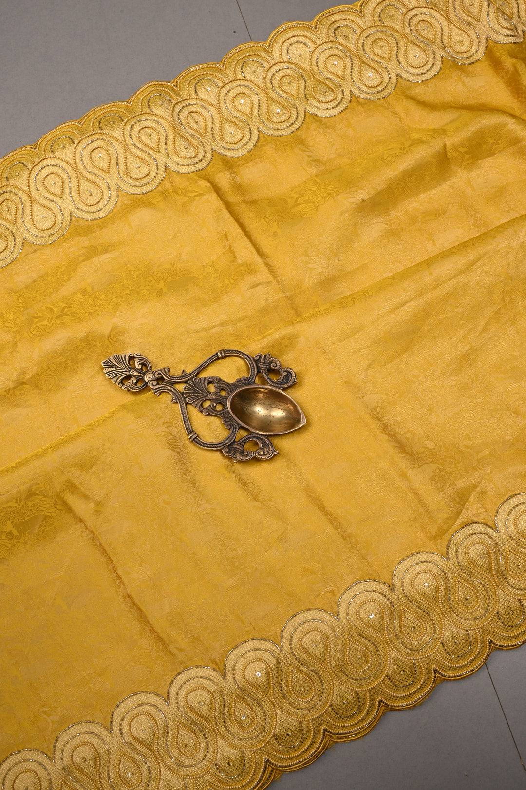 Butter Yellow Vegan Viscose Silk Saree with Vanasingaram Brocade and cutdana ,Beads Embroidery Scallop Border | SHOBITAM