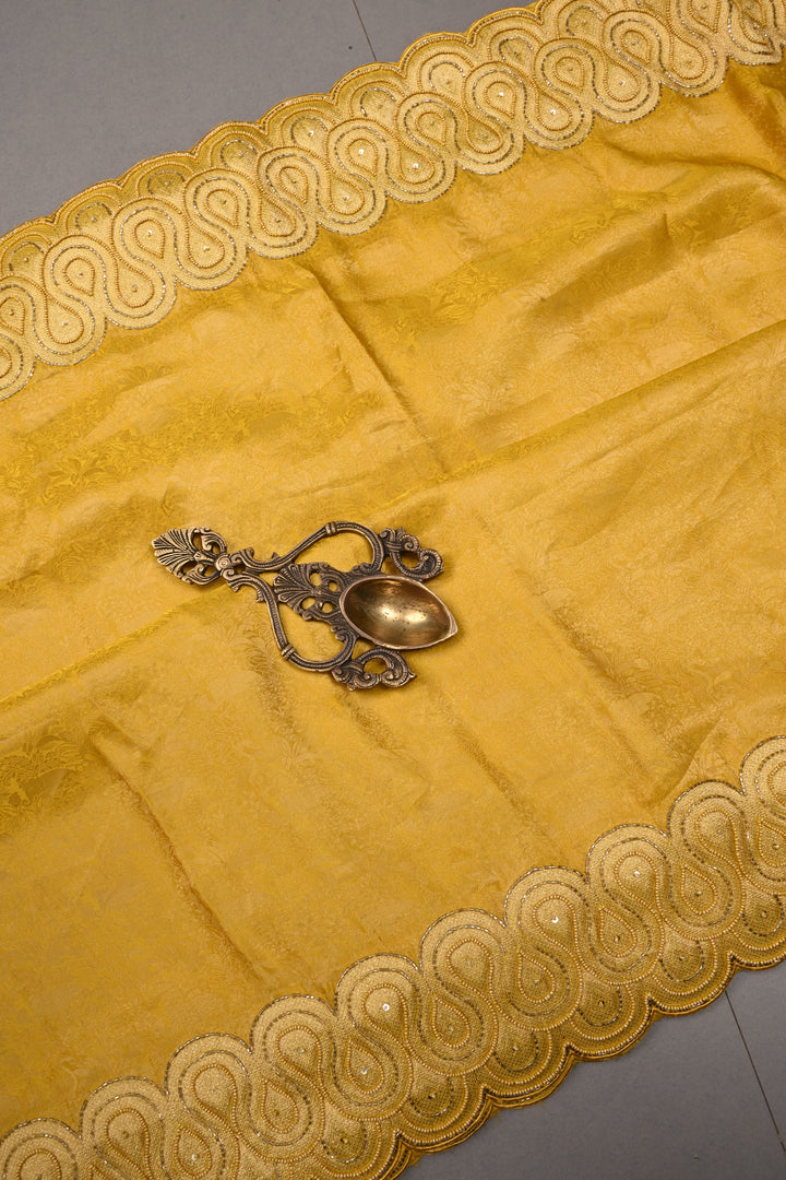 Butter Yellow Vegan Viscose Silk Saree with Vanasingaram Brocade and cutdana ,Beads Embroidery Scallop Border | SHOBITAM