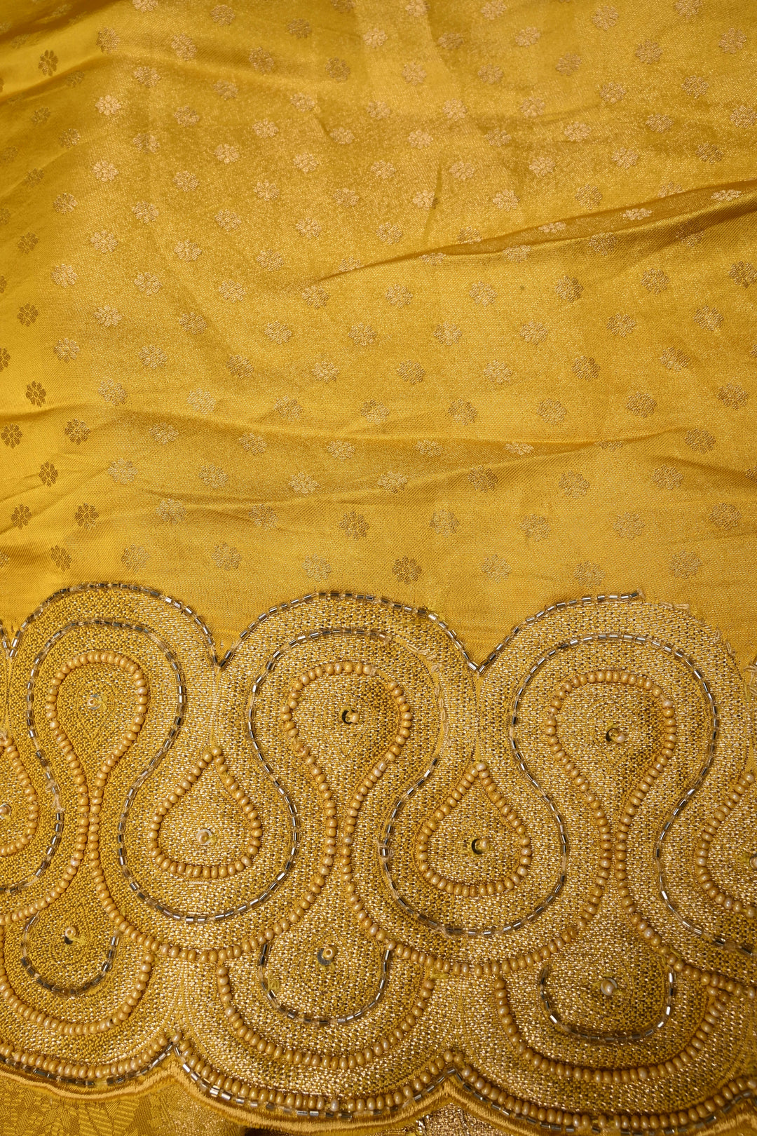 Butter Yellow Vegan Viscose Silk Saree with Vanasingaram Brocade and cutdana ,Beads Embroidery Scallop Border | SHOBITAM