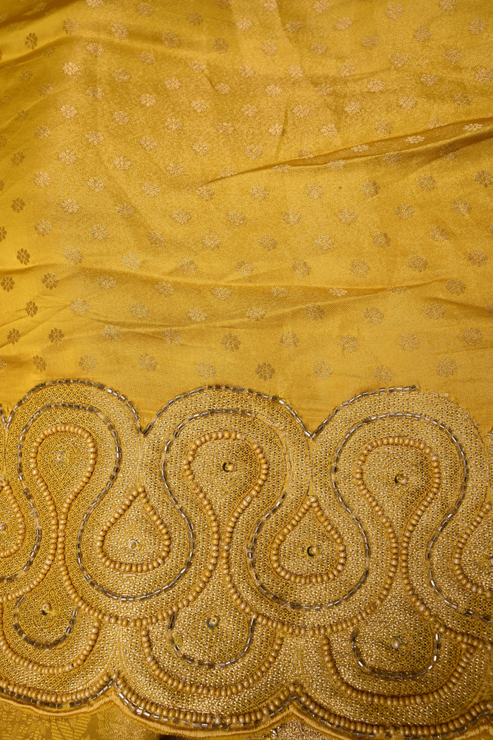 Butter Yellow Vegan Viscose Silk Saree with Vanasingaram Brocade and cutdana ,Beads Embroidery Scallop Border | SHOBITAM