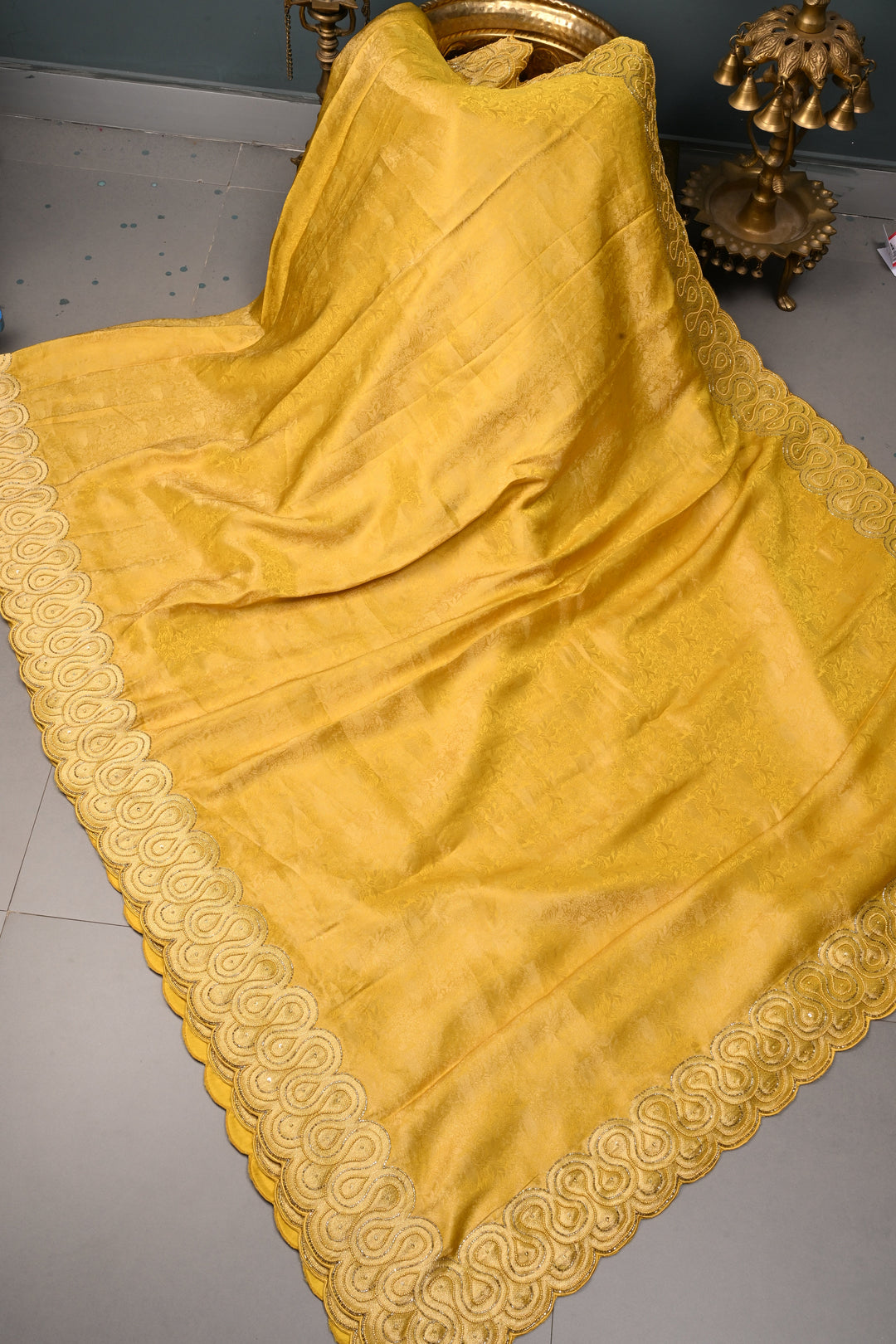 Butter Yellow Vegan Viscose Silk Saree with Vanasingaram Brocade and cutdana ,Beads Embroidery Scallop Border | SHOBITAM