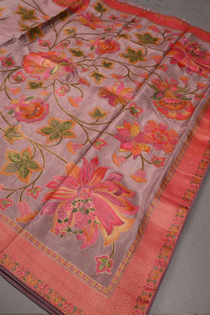 Dusty Mauve Vegan Viscose Silk Saree with Meenakari Floral Jaal and Zari Border | SHOBITAM