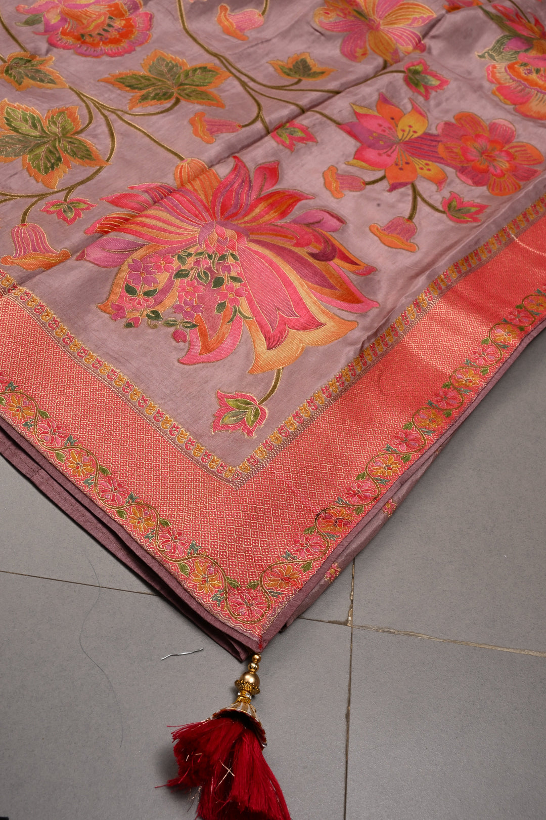 Dusty Mauve Vegan Viscose Silk Saree with Meenakari Floral Jaal and Zari Border | SHOBITAM