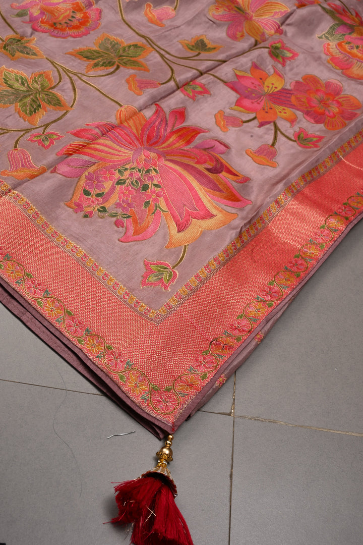 Dusty Mauve Vegan Viscose Silk Saree with Meenakari Floral Jaal and Zari Border | SHOBITAM