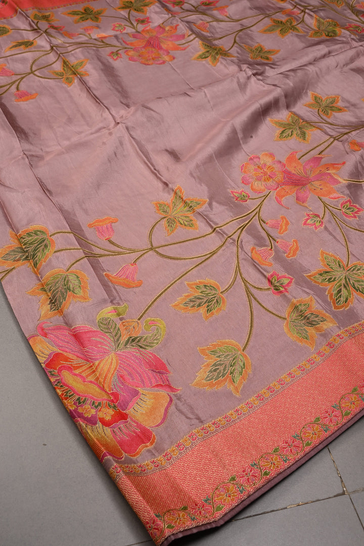 Dusty Mauve Vegan Viscose Silk Saree with Meenakari Floral Jaal and Zari Border | SHOBITAM