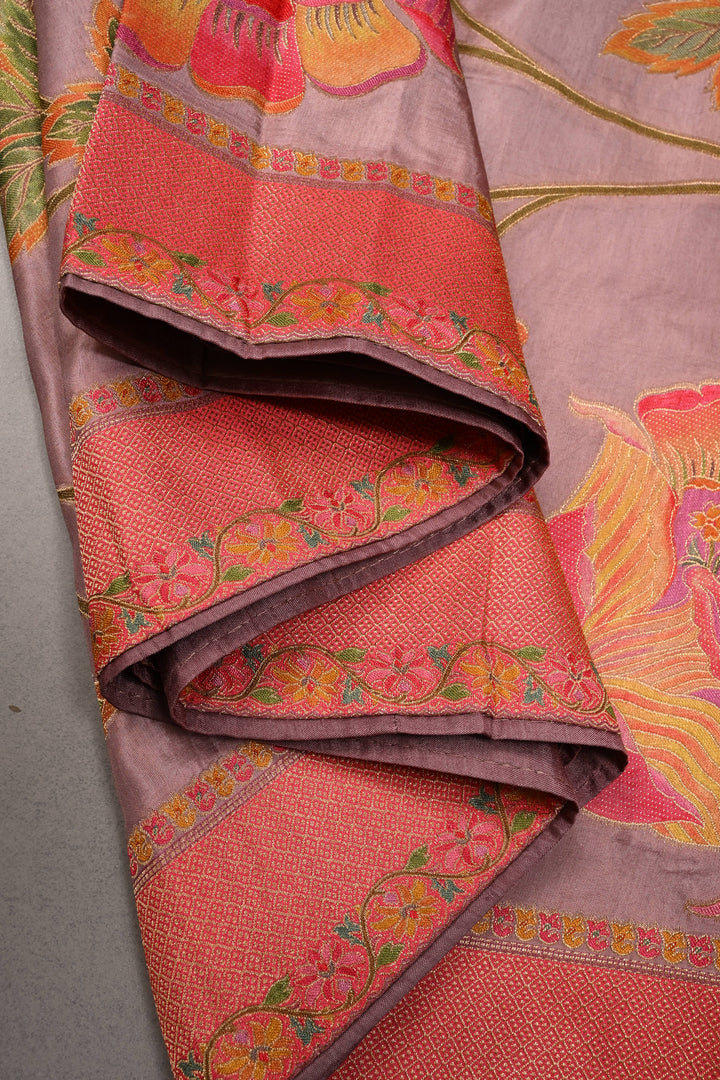 Dusty Mauve Vegan Viscose Silk Saree with Meenakari Floral Jaal and Zari Border | SHOBITAM