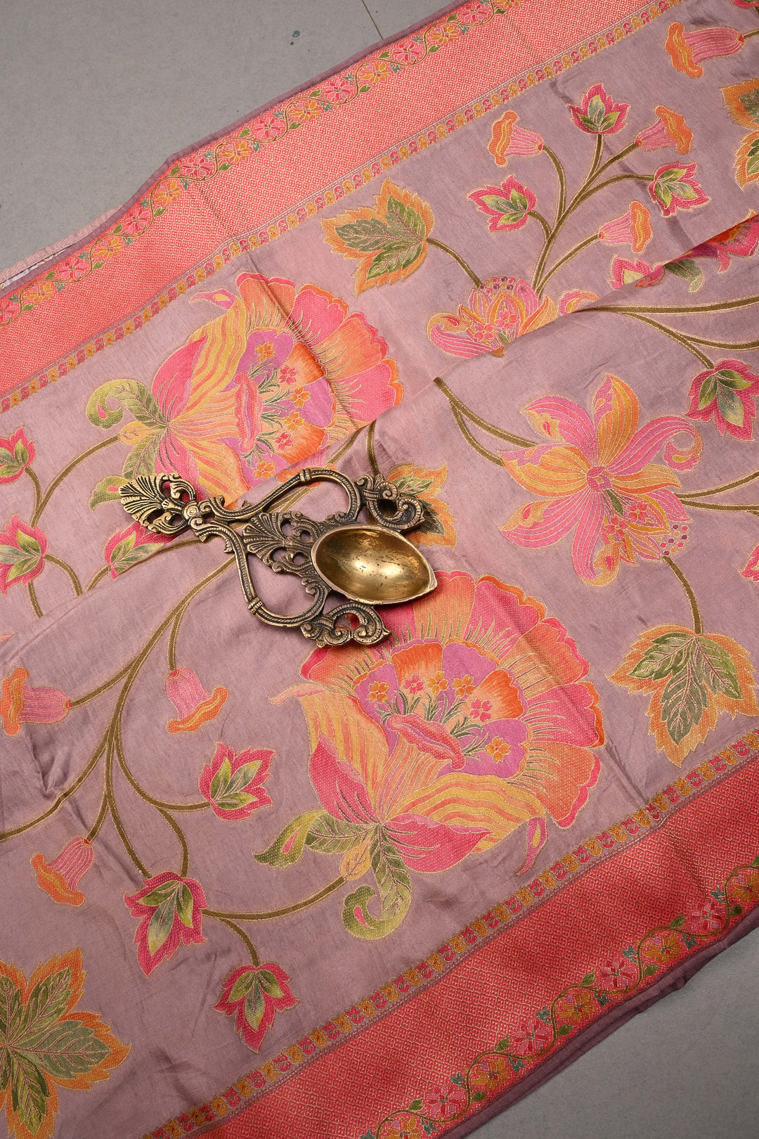 Dusty Mauve Vegan Viscose Silk Saree with Meenakari Floral Jaal and Zari Border | SHOBITAM