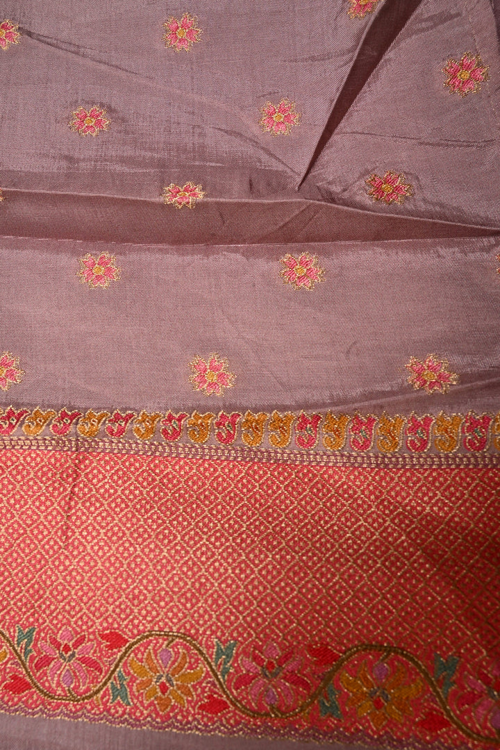 Dusty Mauve Vegan Viscose Silk Saree with Meenakari Floral Jaal and Zari Border | SHOBITAM