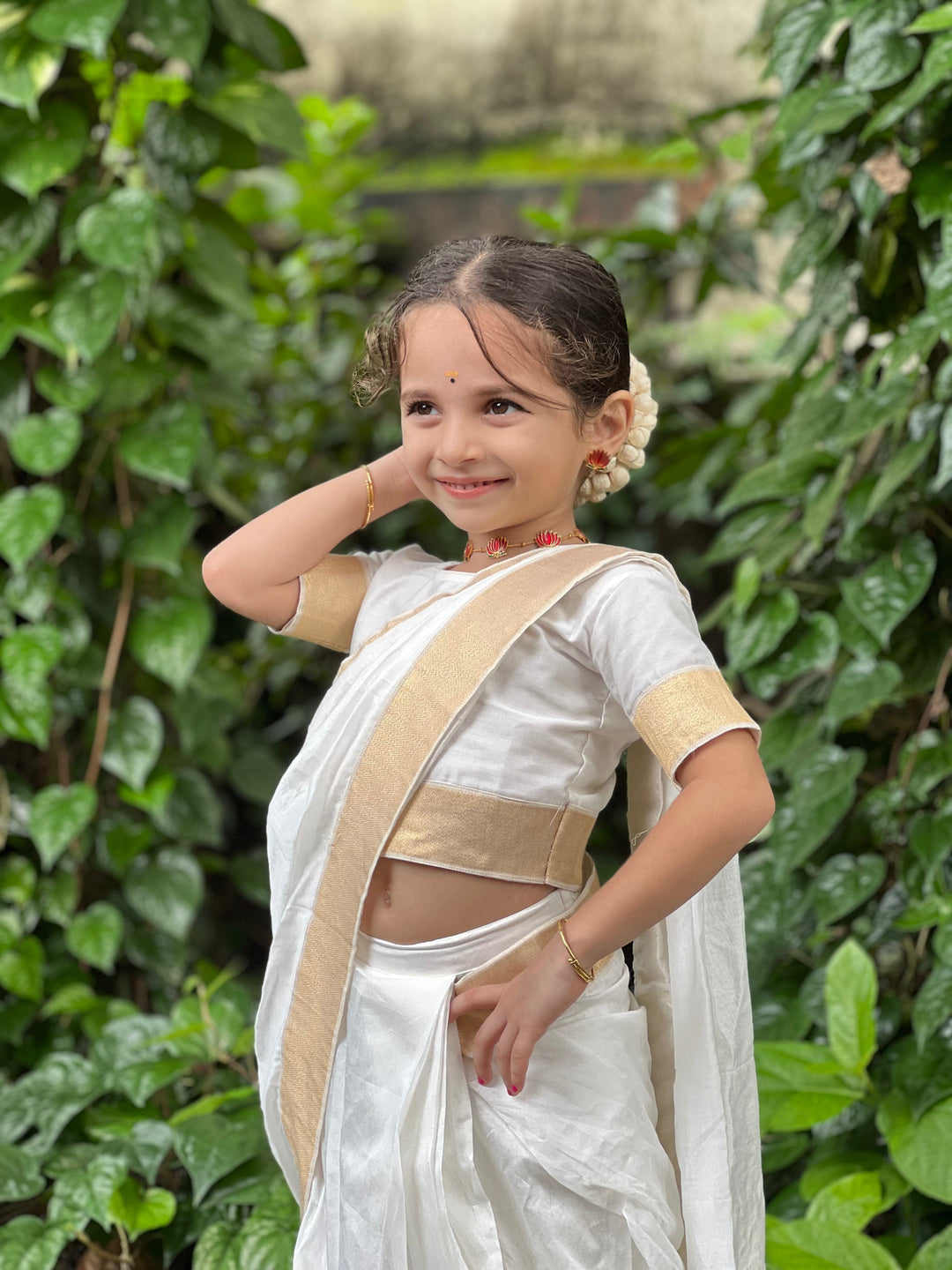 Girls Cream Chanderi Semi-Silk South Indian Saree Set with Stitched Blouse | SHOBITAM