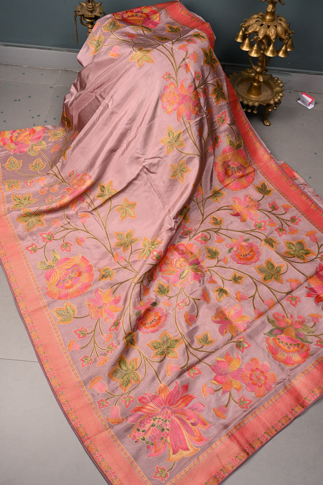 Dusty Mauve Vegan Viscose Silk Saree with Meenakari Floral Jaal and Zari Border | SHOBITAM