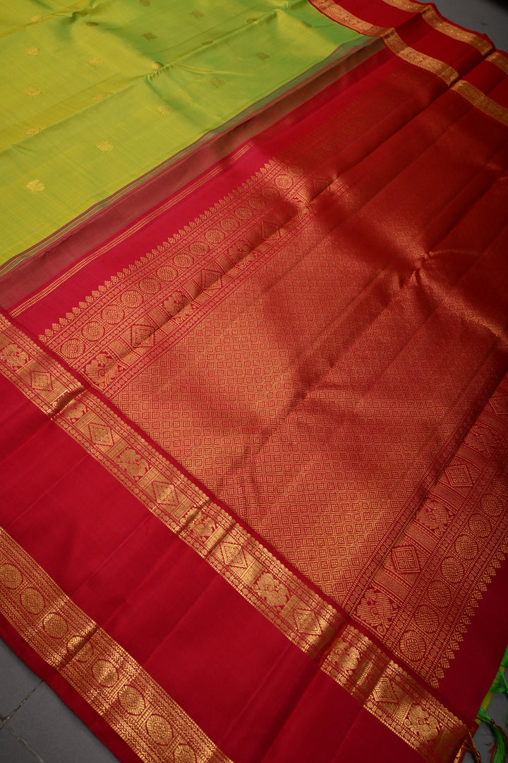 Chartreuse Pure Kanjivaram Silk Saree with Zari Buttas and Contrast Rettaipet Zari Border | SILK MARK CERTIFIED | SHOBITAM
