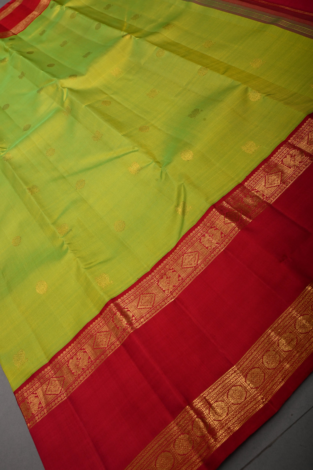 Chartreuse Pure Kanjivaram Silk Saree with Zari Buttas and Contrast Rettaipet Zari Border | SILK MARK CERTIFIED | SHOBITAM
