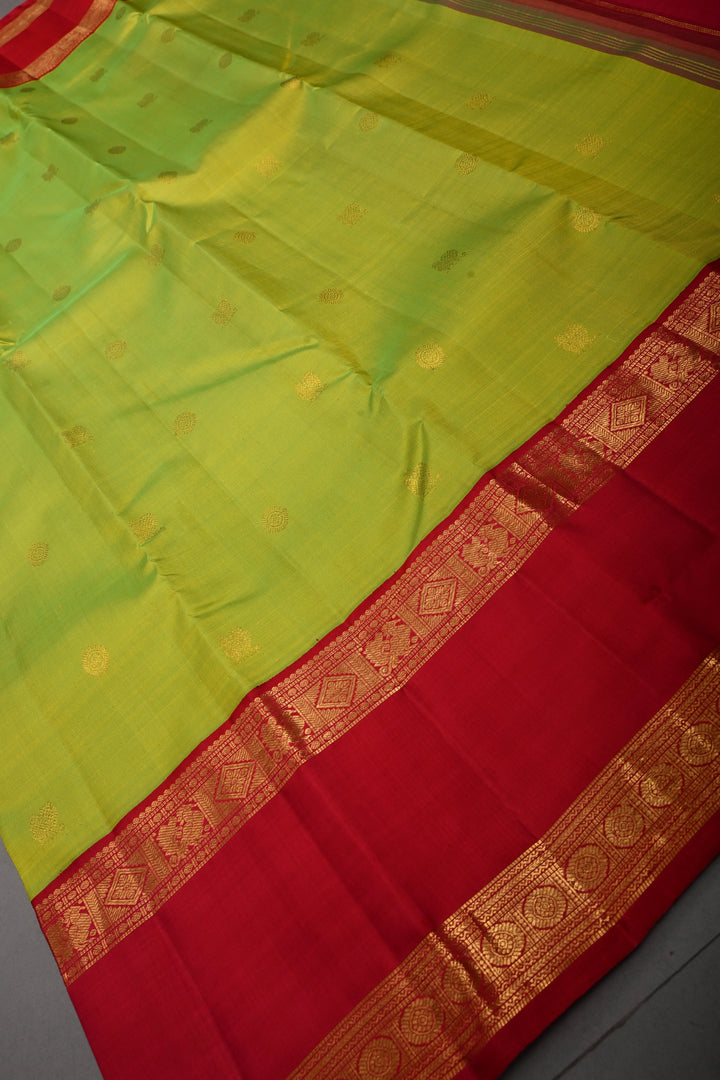 Chartreuse Pure Kanjivaram Silk Saree with Zari Buttas and Contrast Rettaipet Zari Border | SILK MARK CERTIFIED | SHOBITAM