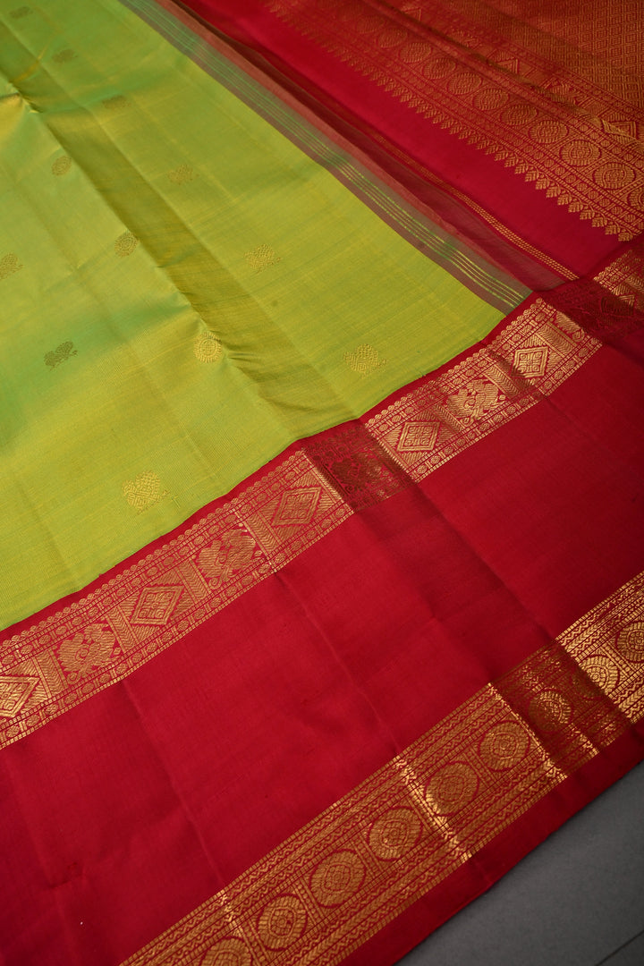 Chartreuse Pure Kanjivaram Silk Saree with Zari Buttas and Contrast Rettaipet Zari Border | SILK MARK CERTIFIED | SHOBITAM