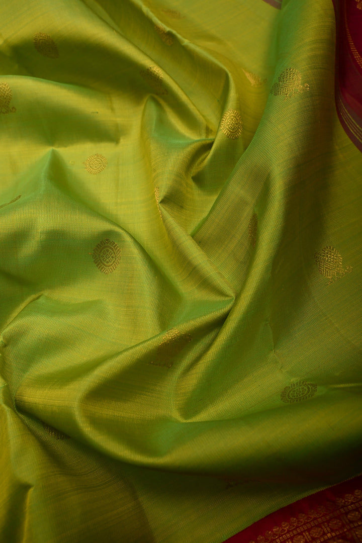 Chartreuse Pure Kanjivaram Silk Saree with Zari Buttas and Contrast Rettaipet Zari Border | SILK MARK CERTIFIED | SHOBITAM