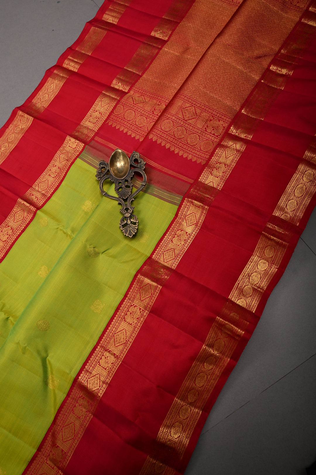Chartreuse Pure Kanjivaram Silk Saree with Zari Buttas and Contrast Rettaipet Zari Border | SILK MARK CERTIFIED | SHOBITAM