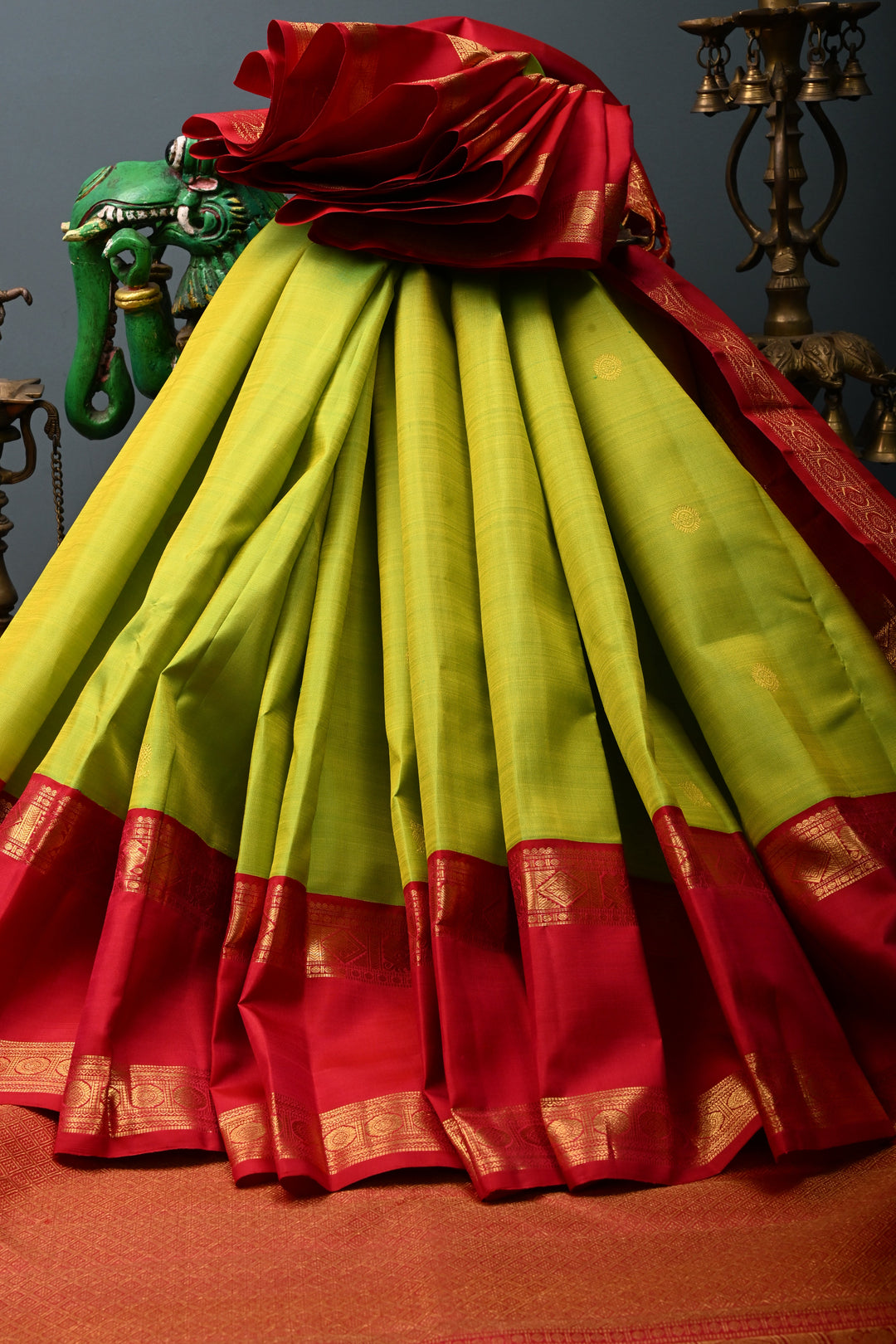 Chartreuse Pure Kanjivaram Silk Saree with Zari Buttas and Contrast Rettaipet Zari Border | SILK MARK CERTIFIED | SHOBITAM