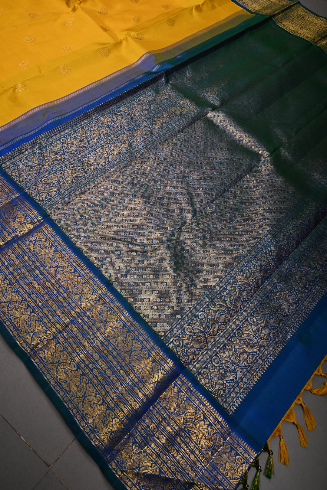 Mango Yellow  Korvai Pure Kanjivaram Silk Saree with Zari Buttas and Contrast Zari Border | SILK MARK CERTIFIED | SHOBITAM