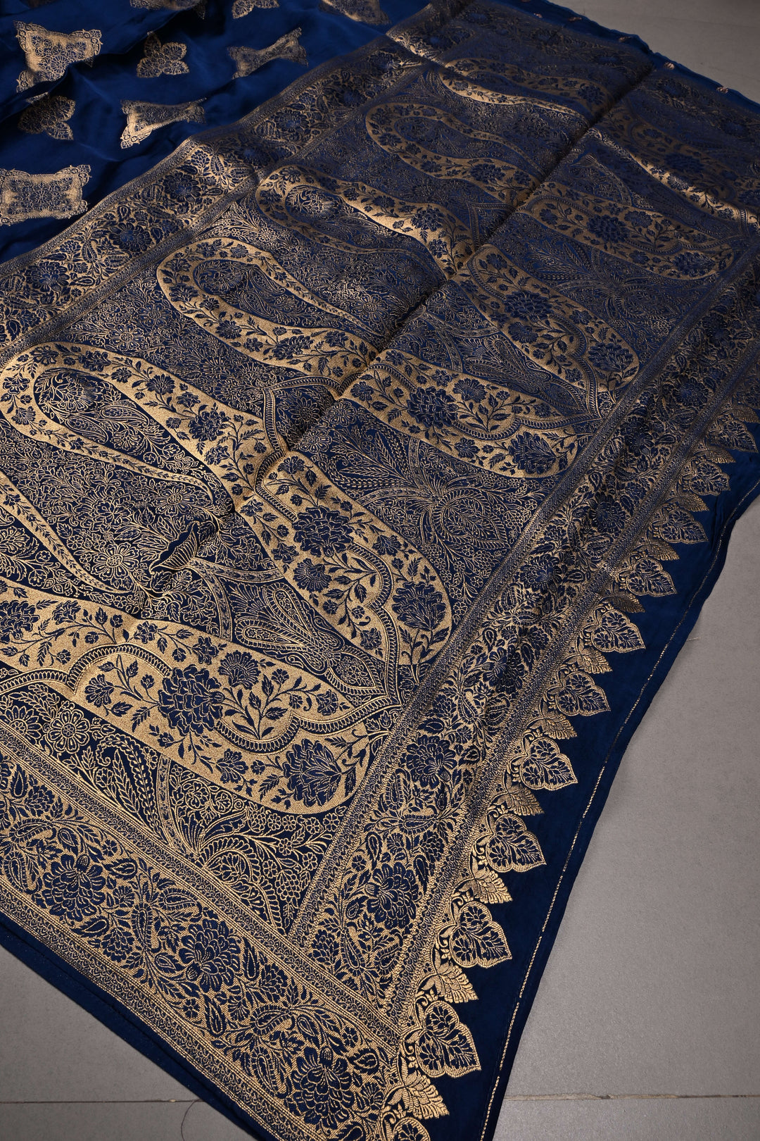 Navy Blue Vegan Viscose Silk Saree with Floral Zari Brocade and Zari Border | SHOBITAM
