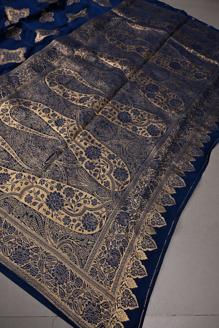 Navy Blue Vegan Viscose Silk Saree with Floral Zari Brocade and Zari Border | SHOBITAM