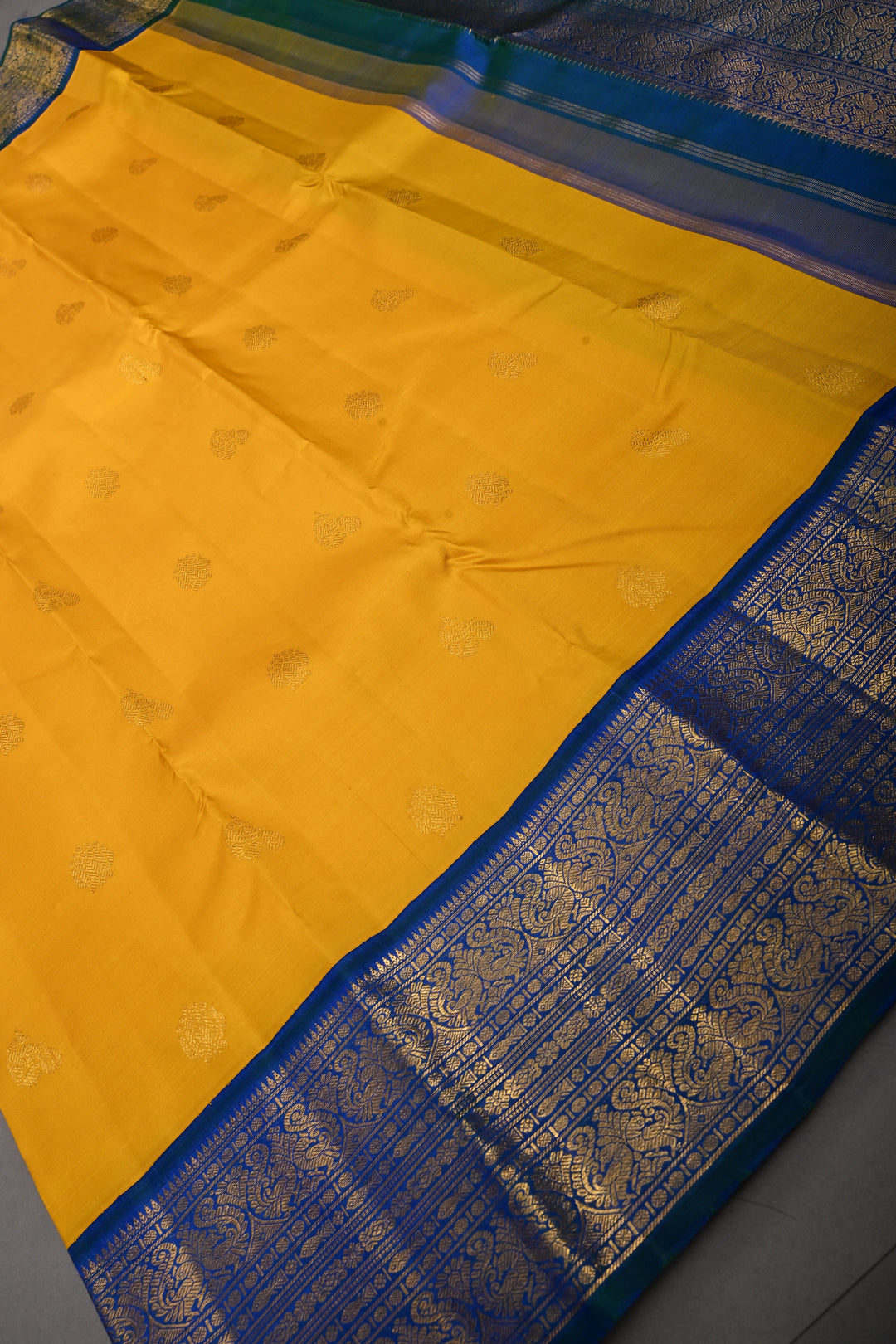 Mango Yellow  Korvai Pure Kanjivaram Silk Saree with Zari Buttas and Contrast Zari Border | SILK MARK CERTIFIED | SHOBITAM