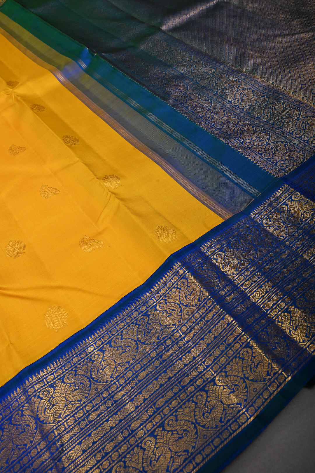 Mango Yellow  Korvai Pure Kanjivaram Silk Saree with Zari Buttas and Contrast Zari Border | SILK MARK CERTIFIED | SHOBITAM