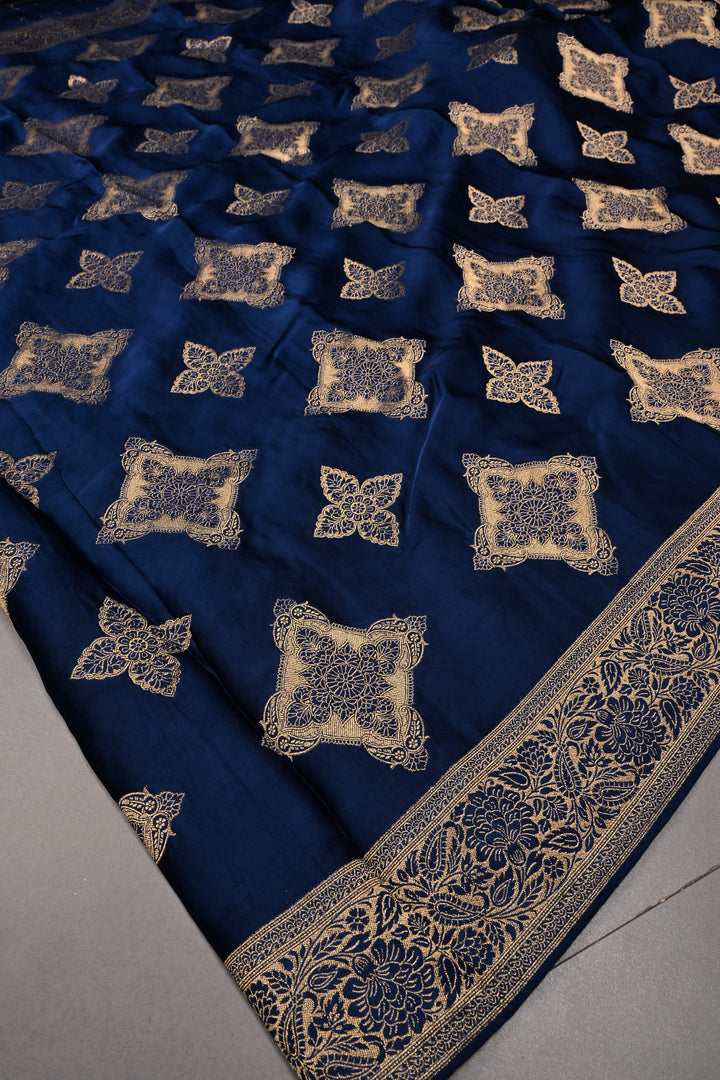 Navy Blue Vegan Viscose Silk Saree with Floral Zari Brocade and Zari Border | SHOBITAM