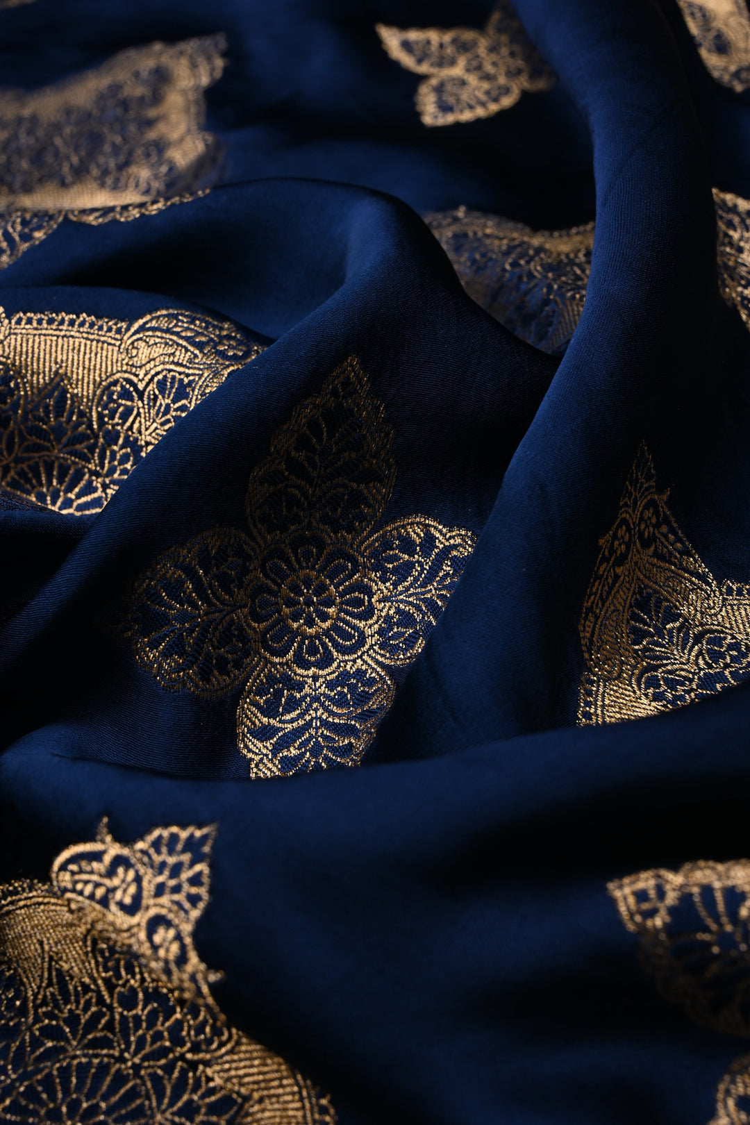 Navy Blue Vegan Viscose Silk Saree with Floral Zari Brocade and Zari Border | SHOBITAM