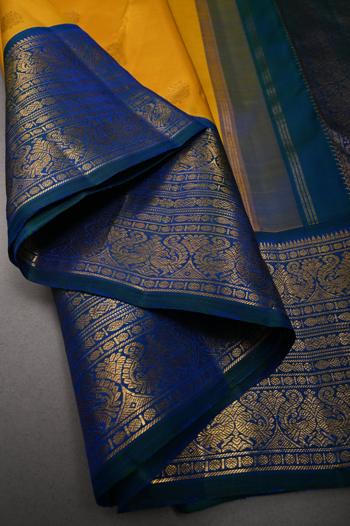 Mango Yellow  Korvai Pure Kanjivaram Silk Saree with Zari Buttas and Contrast Zari Border | SILK MARK CERTIFIED | SHOBITAM