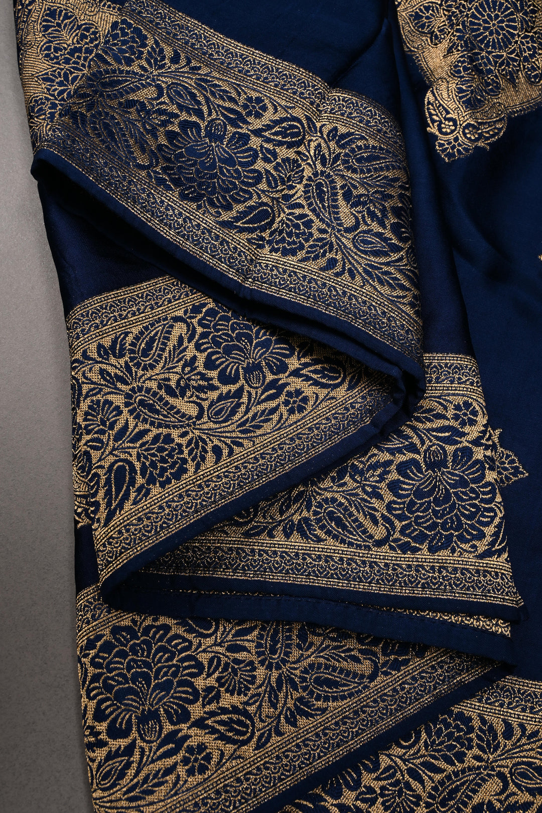 Navy Blue Vegan Viscose Silk Saree with Floral Zari Brocade and Zari Border | SHOBITAM