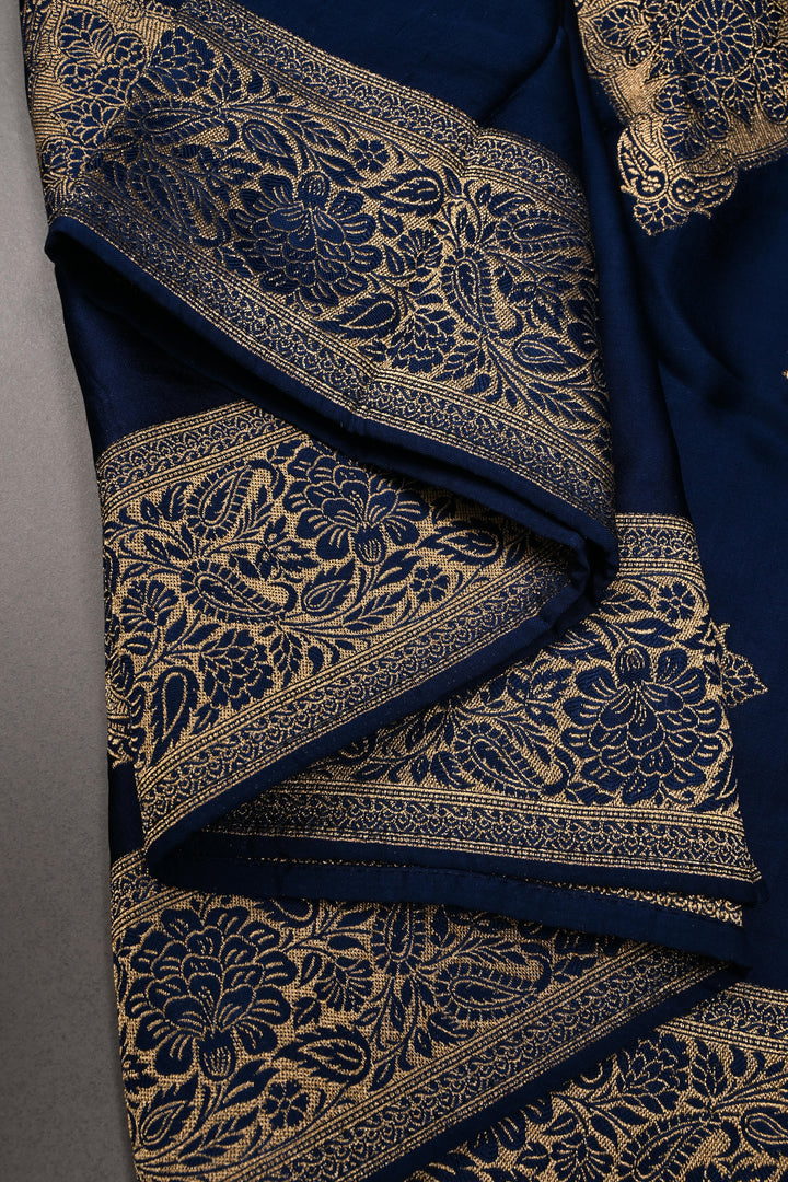 Navy Blue Vegan Viscose Silk Saree with Floral Zari Brocade and Zari Border | SHOBITAM