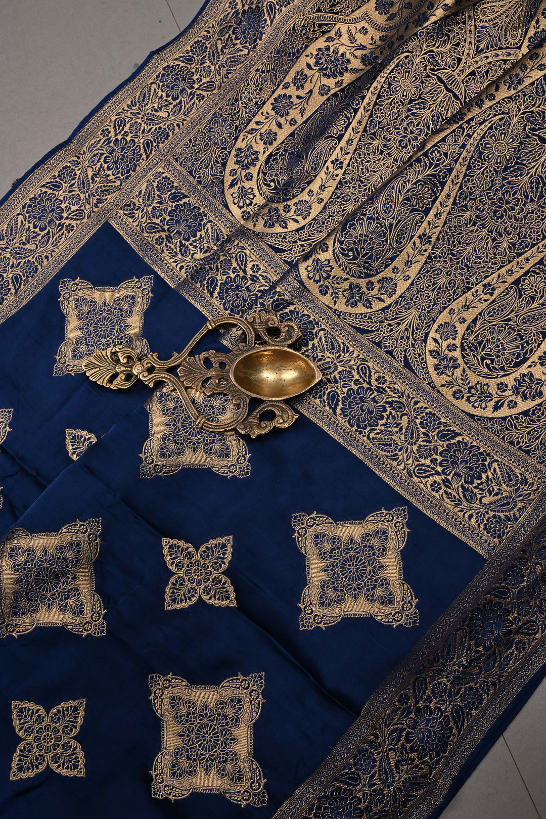 Navy Blue Vegan Viscose Silk Saree with Floral Zari Brocade and Zari Border | SHOBITAM