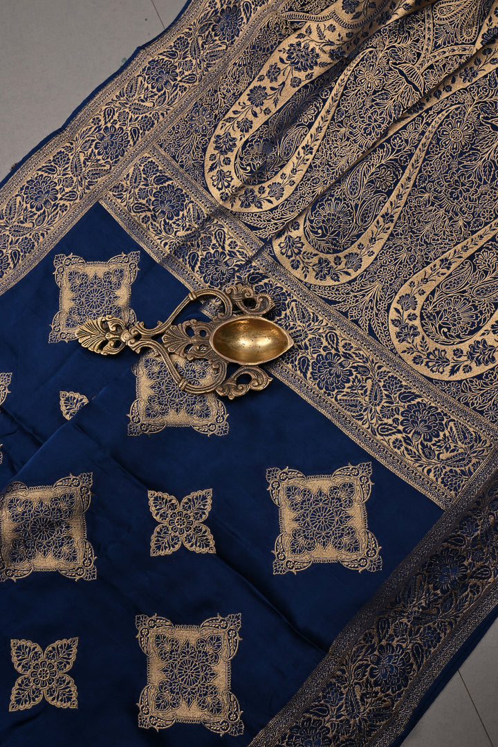 Navy Blue Vegan Viscose Silk Saree with Floral Zari Brocade and Zari Border | SHOBITAM