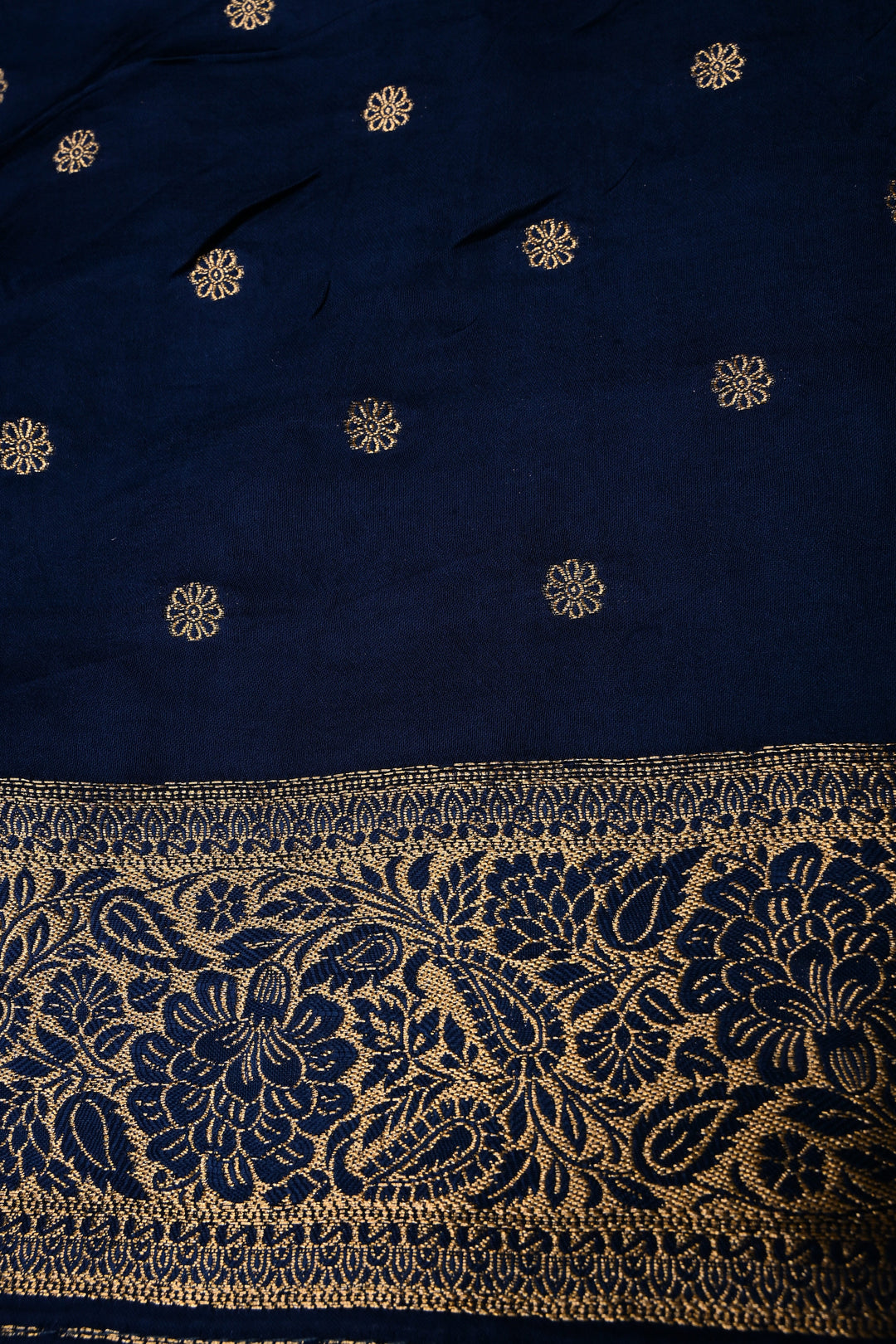 Navy Blue Vegan Viscose Silk Saree with Floral Zari Brocade and Zari Border | SHOBITAM