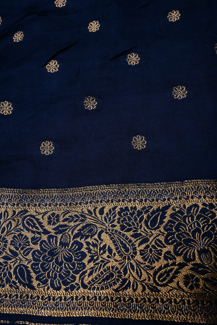 Navy Blue Vegan Viscose Silk Saree with Floral Zari Brocade and Zari Border | SHOBITAM