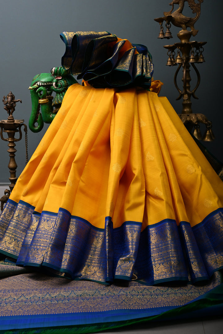 Mango Yellow  Korvai Pure Kanjivaram Silk Saree with Zari Buttas and Contrast Zari Border | SILK MARK CERTIFIED | SHOBITAM