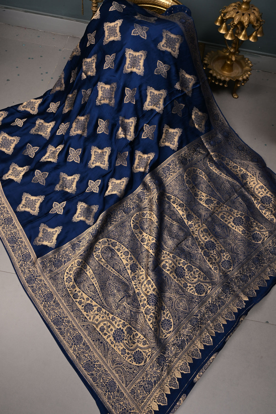 Navy Blue Vegan Viscose Silk Saree with Floral Zari Brocade and Zari Border | SHOBITAM