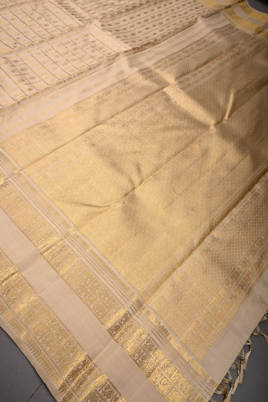 Beige Zari Checks on Kanjivaram Pure Silk Saree with Zari Buttas-Brocade and Rettaipet Zari Border | SILK MARK CERTIFIED | SHOBITAM