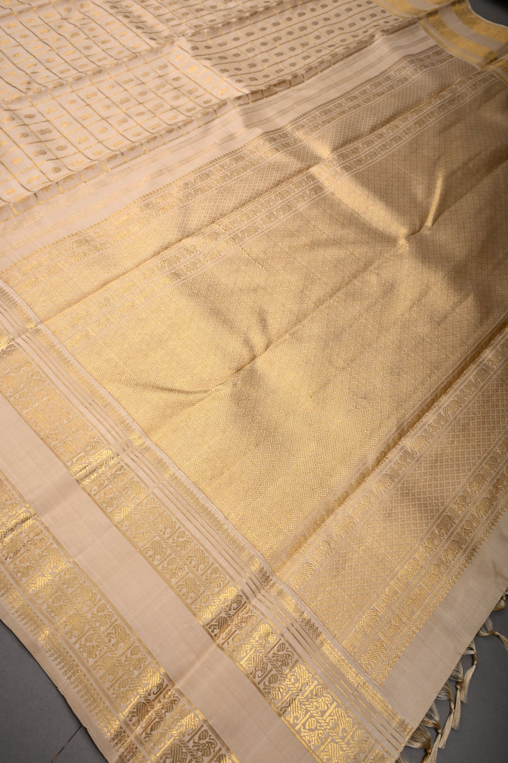 Beige Zari Checks on Kanjivaram Pure Silk Saree with Zari Buttas-Brocade and Rettaipet Zari Border | SILK MARK CERTIFIED | SHOBITAM