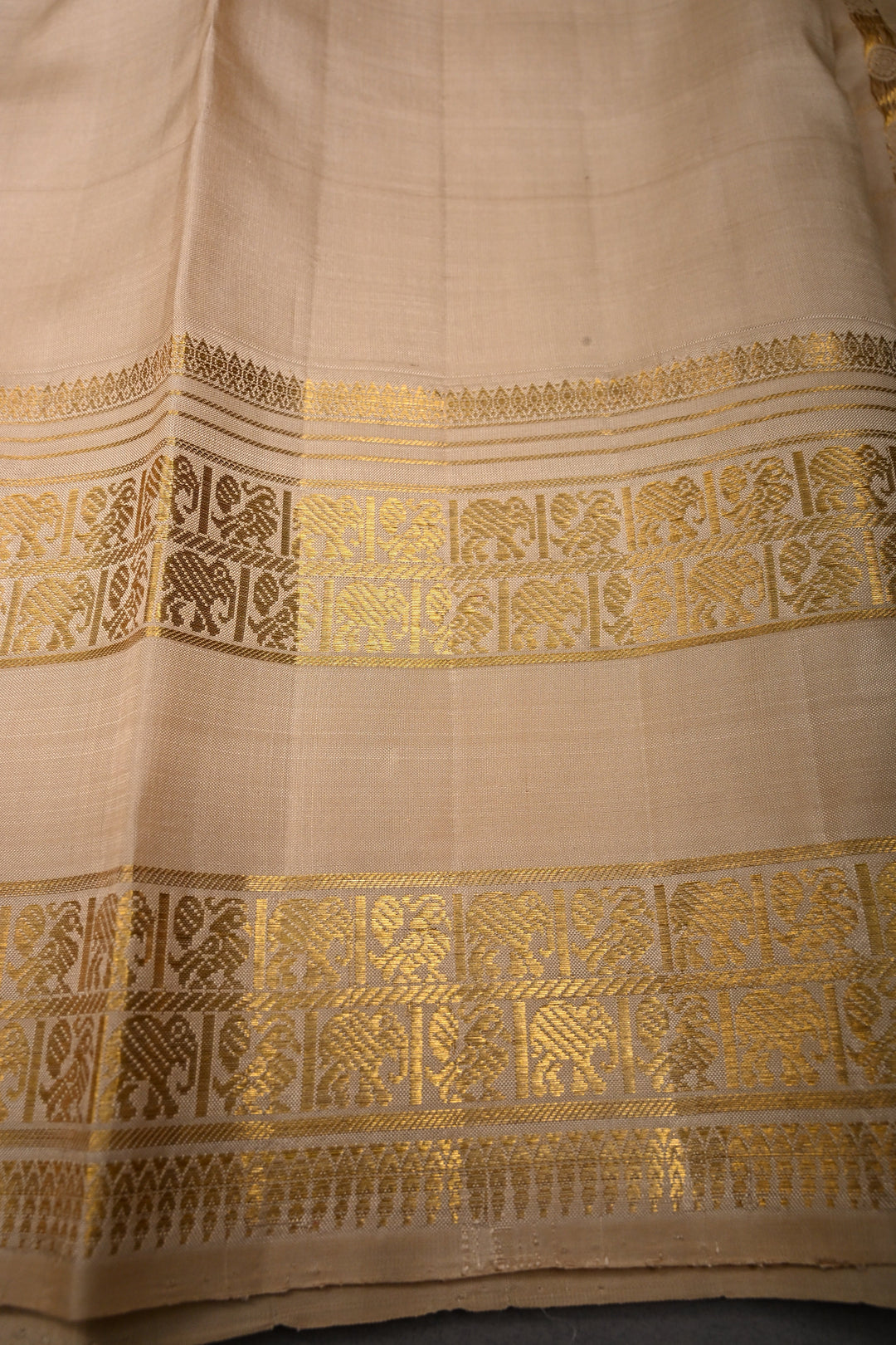 Beige Zari Checks on Kanjivaram Pure Silk Saree with Zari Buttas-Brocade and Rettaipet Zari Border | SILK MARK CERTIFIED | SHOBITAM