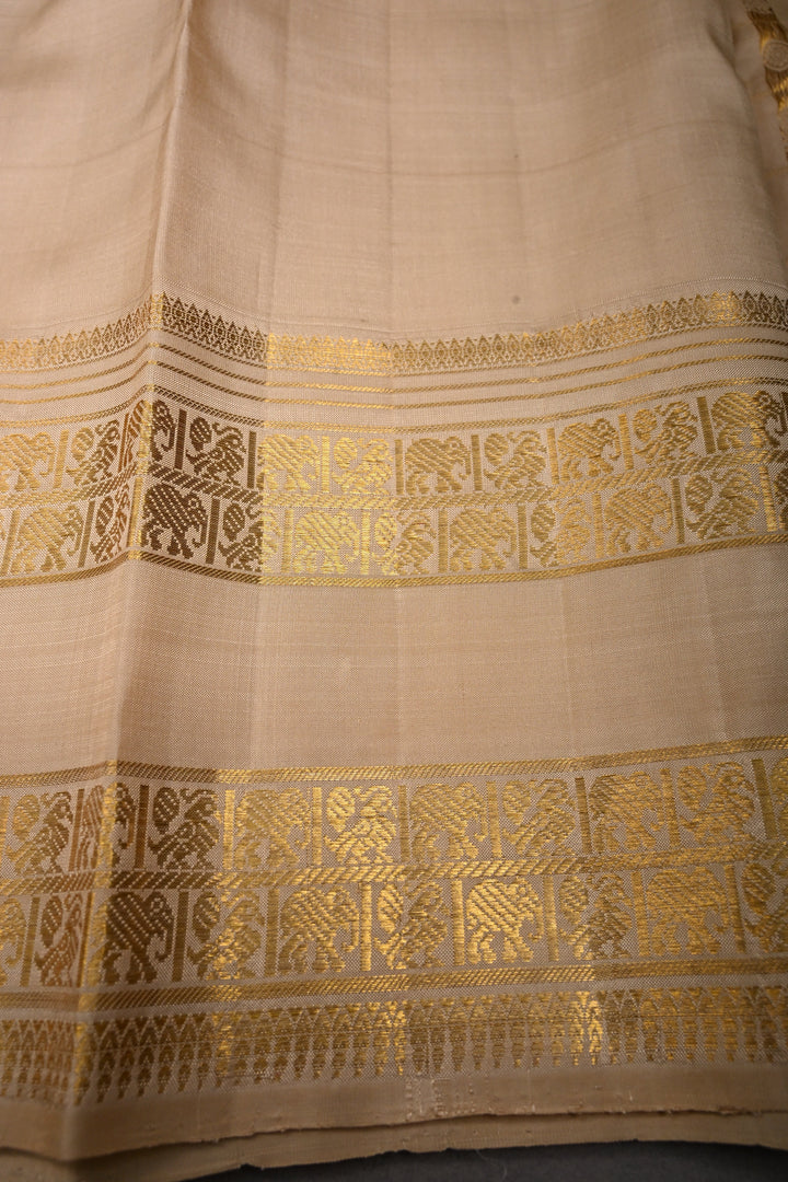 Beige Zari Checks on Kanjivaram Pure Silk Saree with Zari Buttas-Brocade and Rettaipet Zari Border | SILK MARK CERTIFIED | SHOBITAM