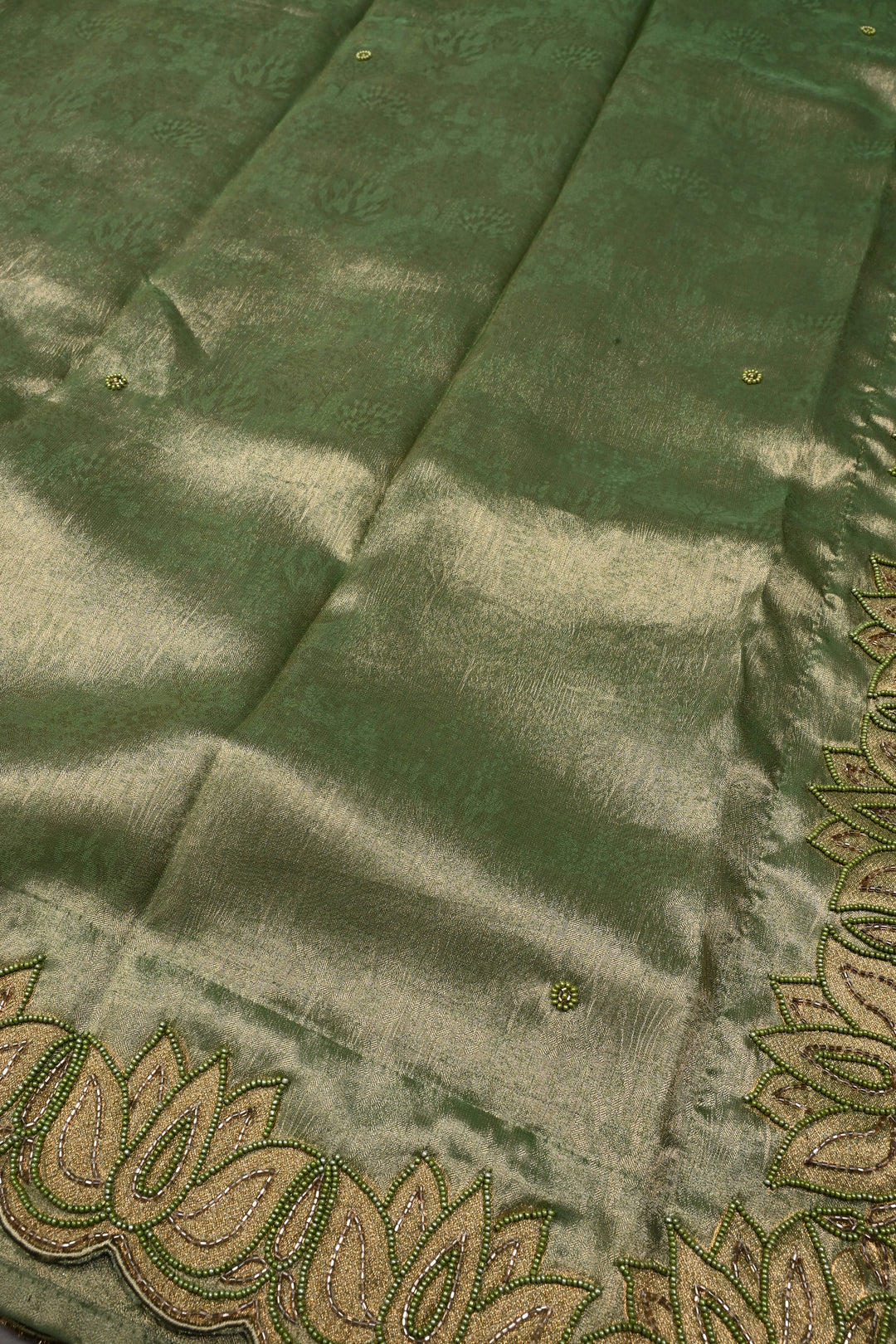 Green Vegan Viscose Tissue Silk Saree with Cutdana and Green Beads Lotus Embroidery Scallop Border | SHOBITAM