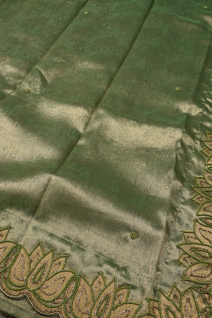 Green Vegan Viscose Tissue Silk Saree with Cutdana and Green Beads Lotus Embroidery Scallop Border | SHOBITAM