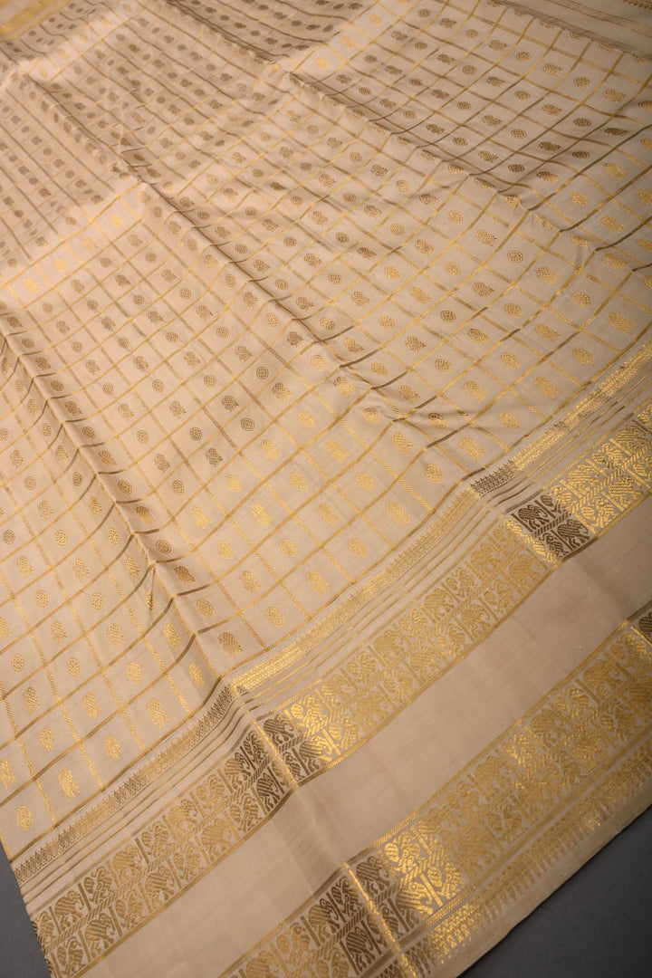 Beige Zari Checks on Kanjivaram Pure Silk Saree with Zari Buttas-Brocade and Rettaipet Zari Border | SILK MARK CERTIFIED | SHOBITAM