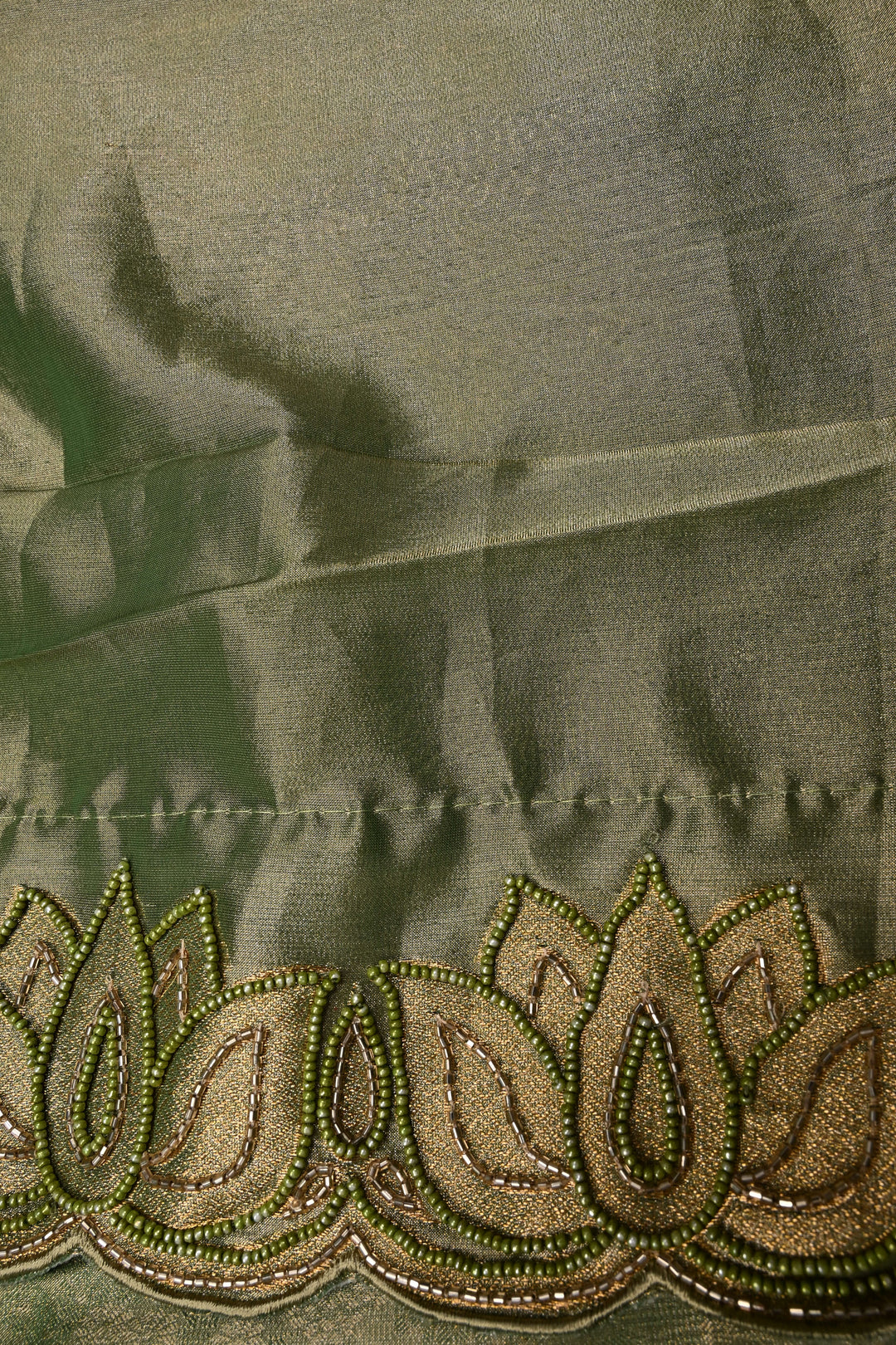 Green Vegan Viscose Tissue Silk Saree with Cutdana and Green Beads Lotus Embroidery Scallop Border | SHOBITAM