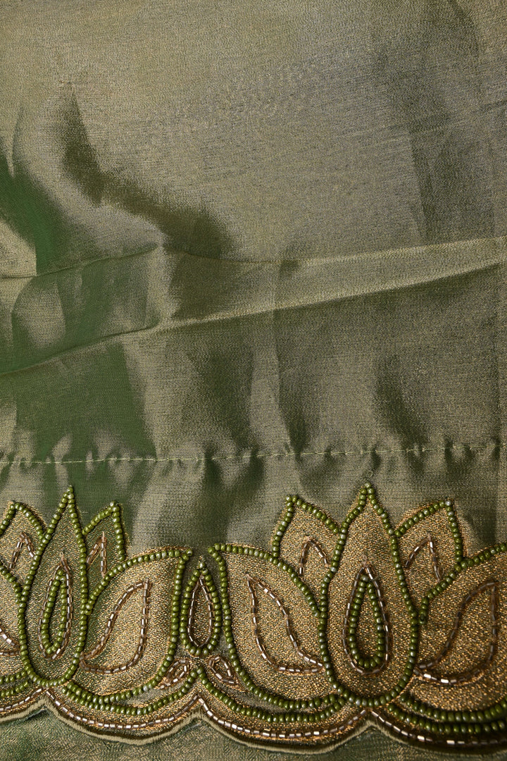 Green Vegan Viscose Tissue Silk Saree with Cutdana and Green Beads Lotus Embroidery Scallop Border | SHOBITAM